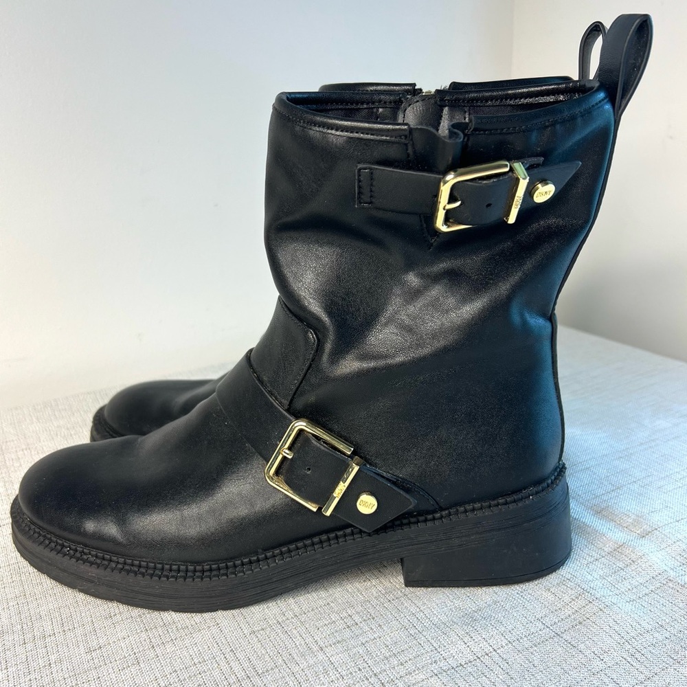 DKNY Black Moto Boot Vegan Leather Gold Hardware SZ 8.5  EUC